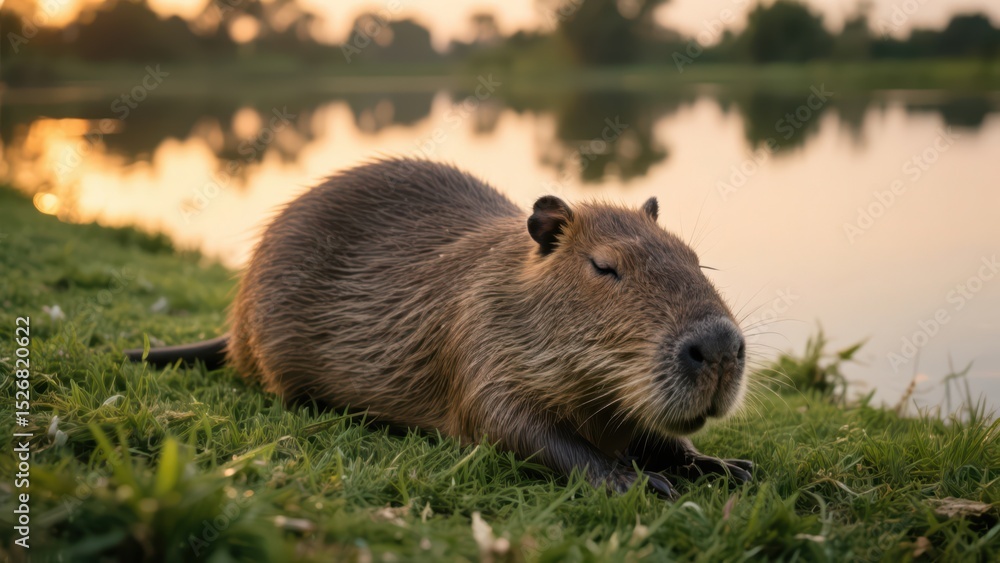 A serene capybara rests peacefully on the lush green grass by the tranquil lakeside during golden hour, reflecting the warmth of nature's embrace and embodying a moment of pure tranquility . A serene capybara rests peacefully on the lush green grass by the tranquil lakeside during golden hour, reflecting the warmth of nature's embrace and embodying a moment of pure tranquility .