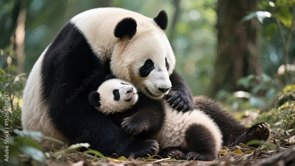 A heartwarming scene of a mother panda tenderly embracing her adorable cub in a lush forest setting, showcasing the beauty of wildlife and the bond between parent and child . A heartwarming scene of a mother panda tenderly embracing her adorable cub in a lush forest setting, showcasing the beauty of wildlife and the bond between parent and child .