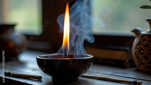 A bowl candle burns with a tall flame and drifting smoke on a cozy wooden table near decorative pottery.