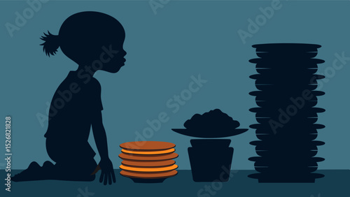 A silhouette of a starving child next to a stack of uneaten food to represent the issue of unequal distribution.. Vector illustration