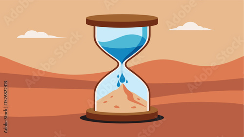 A broken hourglass p at the base of a sign with the caption Times Up No Water Left as a stark reminder of the dwindling water supply in the desert.. Vector illustration