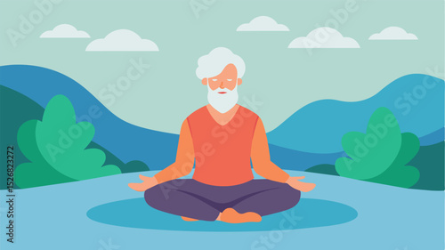 An older adult sitting by a peaceful stream eyes closed and hands resting on their knees as they practice mindfulness meditation. They embrace the present moment and let go of any. Vector illustration