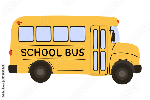 School bus vector illustration in flat cartoon style with yellow body, large windows, and black wheels — educational transportation clipart of classic yellow American school bus with bold "SCHOOL BUS"