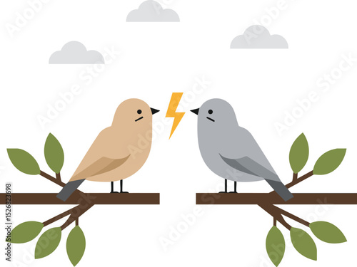 Two birds facing each other with lightning bolt symbolizing conflict on tree branches with green leaves and clouds vector illustration 
