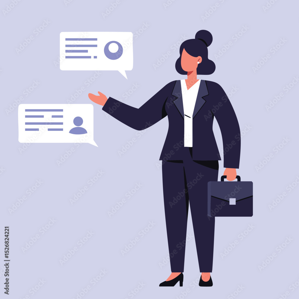 Businesswoman in professional suit holding briefcase and presenting communication bubbles vector illustration Businesswoman in professional suit holding briefcase and presenting communication bubbles vector illustration