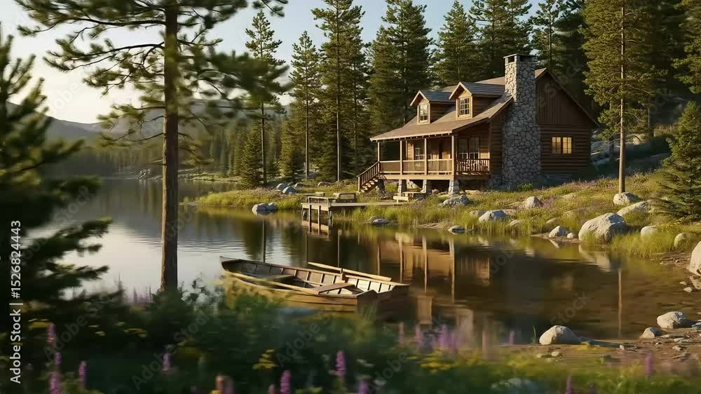 Nature Serene Lakefront Cabin in Forest with Pine Trees and Calm Reflections Nature Serene Lakefront Cabin in Forest with Pine Trees and Calm Reflections