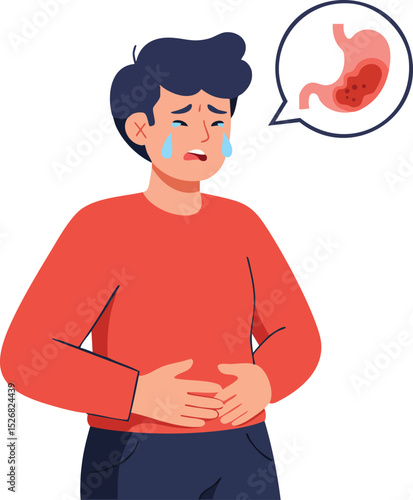 Man with stomach ache holding painful abdomen and crying vector illustration of digestive discomfort and upset health condition 