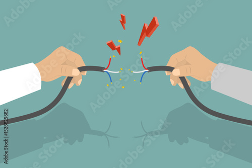 3D Isometric Flat Vector Illustration of Faulty Damaged Cable, Hand Holding Frayed Electrical Cord With Sparking Electricity