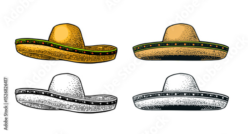 Sombrero. Vintage color engraving illustration. Isolated on white background. Hand drawn design element for label and poster