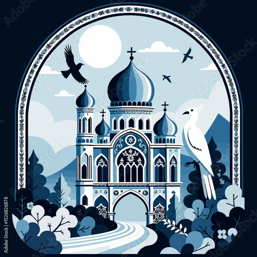 Blue and White Orthodox Church Illustration - Birds in Flight- Tranquil Landscape- Serene Religious Art- Architectural Beauty with Nature- Artistic View of Faith