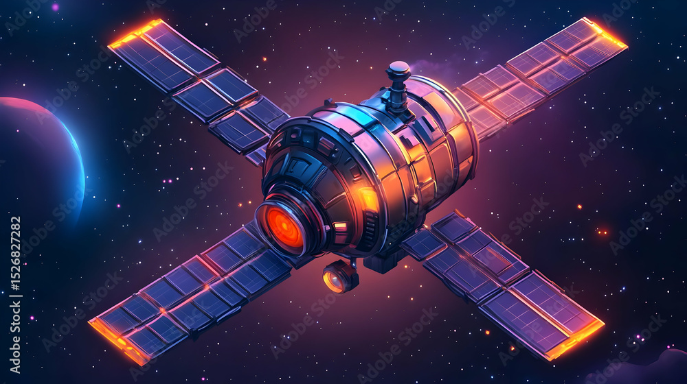 Fototapeta premium Pixel Art Satellite in Deep Space Orbit