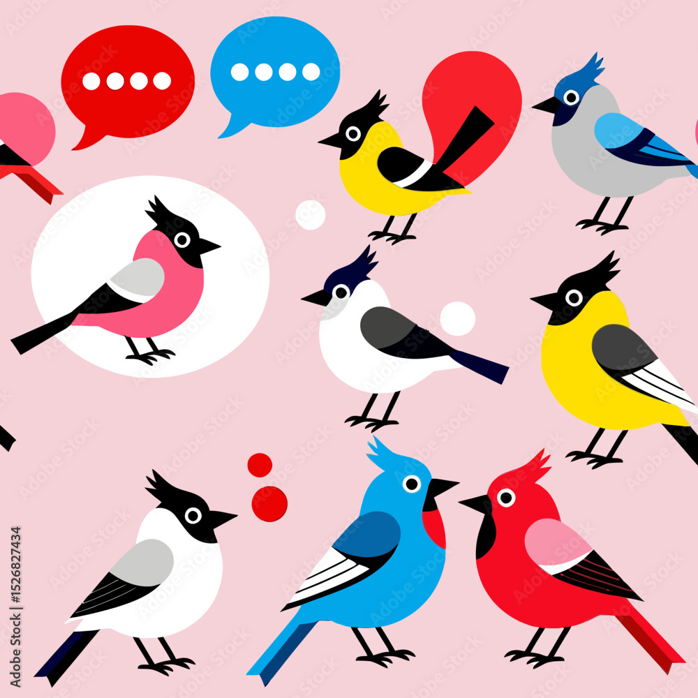 Obraz premium Colorful Birds Communicating-Illustrated Bird Chatting-Bird Social Network-Modern Bird Art-Whimsical Bird Design-Pink Background-Bird Graphics-Bird Illustration