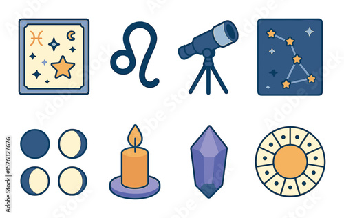Astrology and zodiac icons set – outline, celestial symbols and horoscope signs