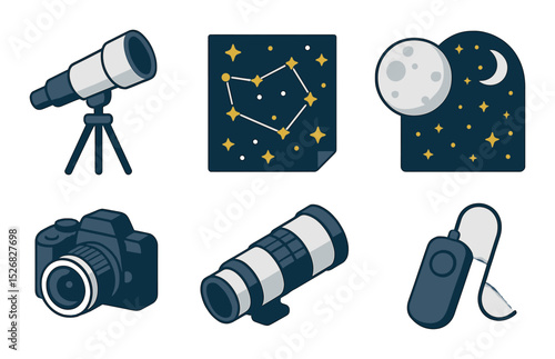 Astronomy and stargazing icons set – flat, night sky and telescope symbols