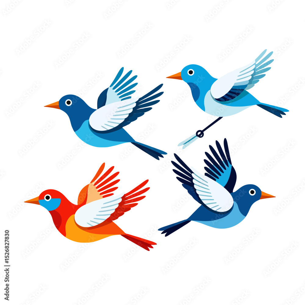 Obraz premium Colorful Flying Bird Illustration-Stylized Bird Art for Design-Vibrant Bird Vector Graphics-Cartoon Bird Collection-Illustration of Blue and Red Birds in Flight-Nature Inspired Art
