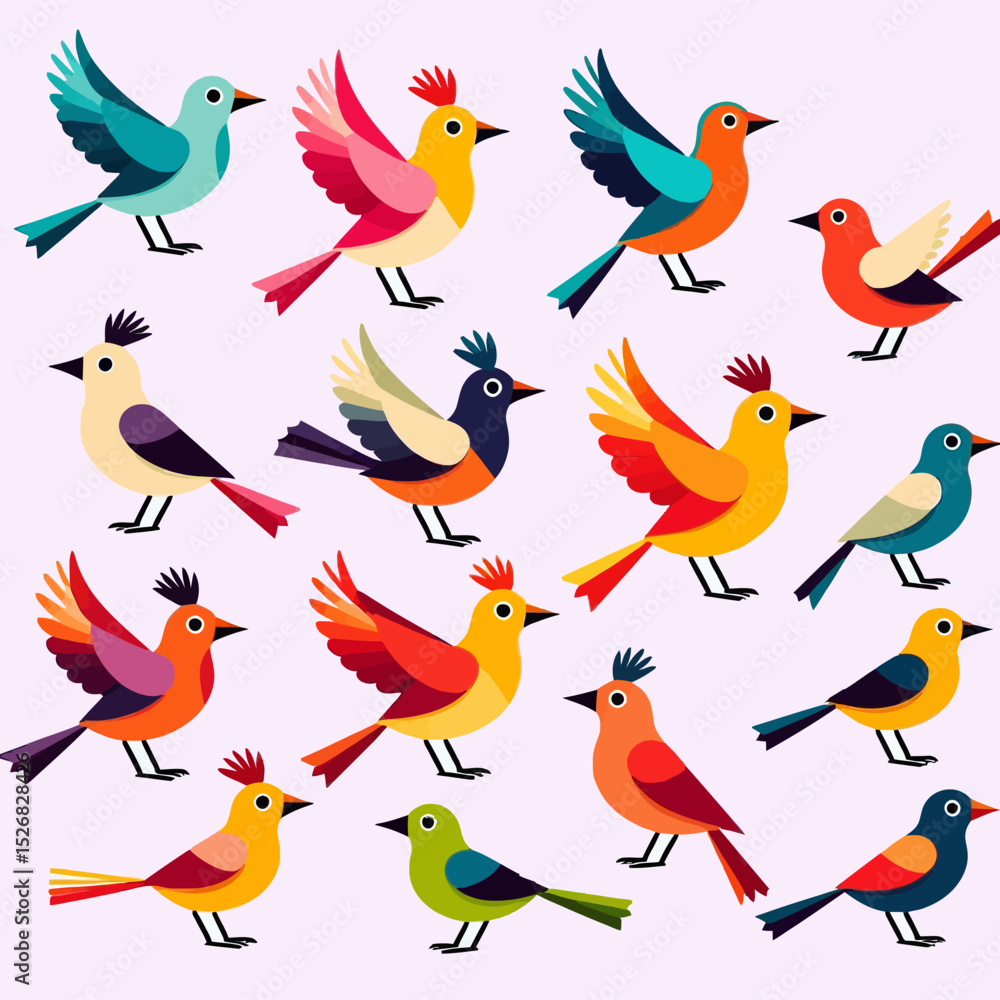 Fototapeta premium Colorful Cartoon Birds Illustration-Cute Avian Art-Bright Bird Graphics-Whimsical Bird Design-Cartoon Bird Pattern-Creative Bird Art-Happy Birds Image-Vibrant Birds Art