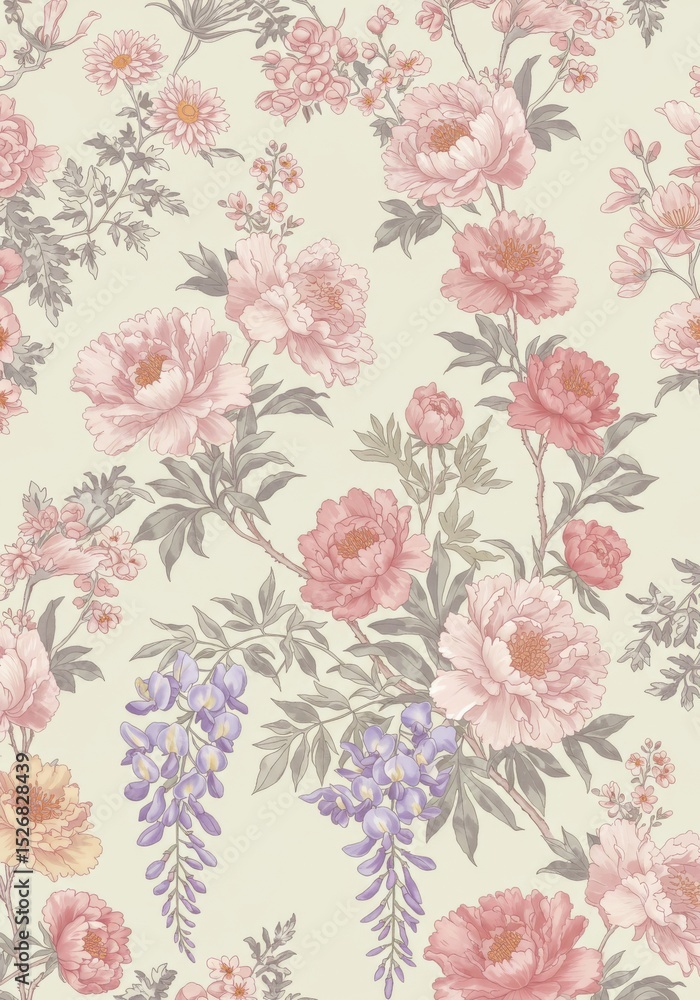 Blooming Oriental Flowers Spring Design - Elegant pastel peonies, wisteria, and chrysanthemums symbolize spring renewal, delicate beauty, graceful longevity, sweet dreams, and enduring love Blooming Oriental Flowers Spring Design - Elegant pastel peonies, wisteria, and chrysanthemums symbolize spring renewal, delicate beauty, graceful longevity, sweet dreams, and enduring love