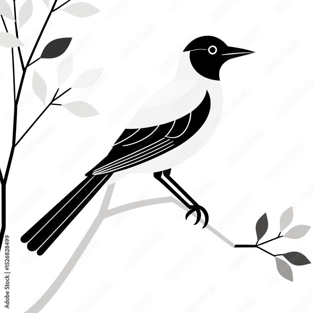 Fototapeta premium Elegant Magpie Illustration- Minimalist Bird Art- Black and White Design- Modern Nature Graphic- Bird on Branch Artwork- Serene Wildlife Image- Simple Bird Drawing