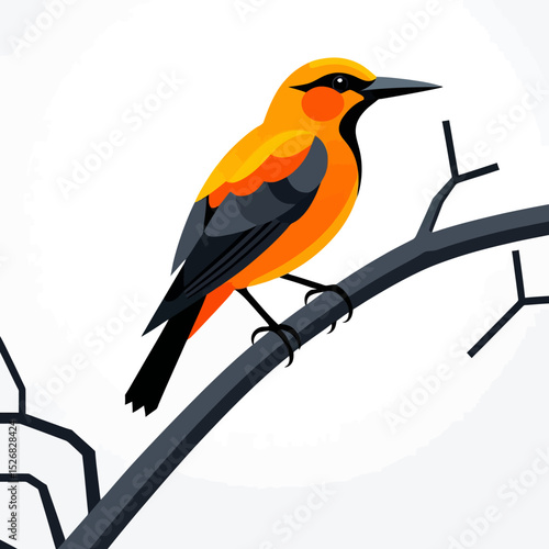 Colorful Oriole Bird Illustration on a Branch-Detailed Vector Graphic of a Vibrant Bird Perched-Artistic Depiction of Wildlife in Nature-Orange and Black Bird Design