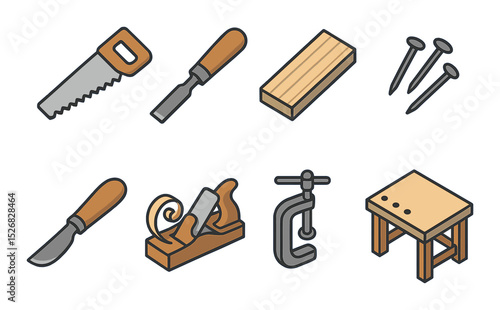 Woodworking tools icons set – outline, carpentry and diy equipment symbols