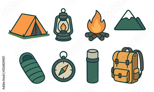 Camping and nature icons set – outline, adventure and outdoor exploration symbols