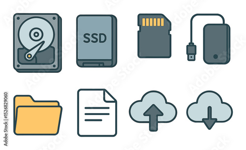 Data storage icons set - outline style, digital backup and cloud symbols