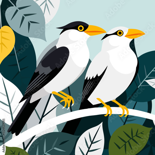 Illustration of Two Bali Myna Birds Perched on a Branch-A Beautiful Nature Scene-Featuring Exotic White Birds with Yellow Beaks and Forest Foliage Backdrop