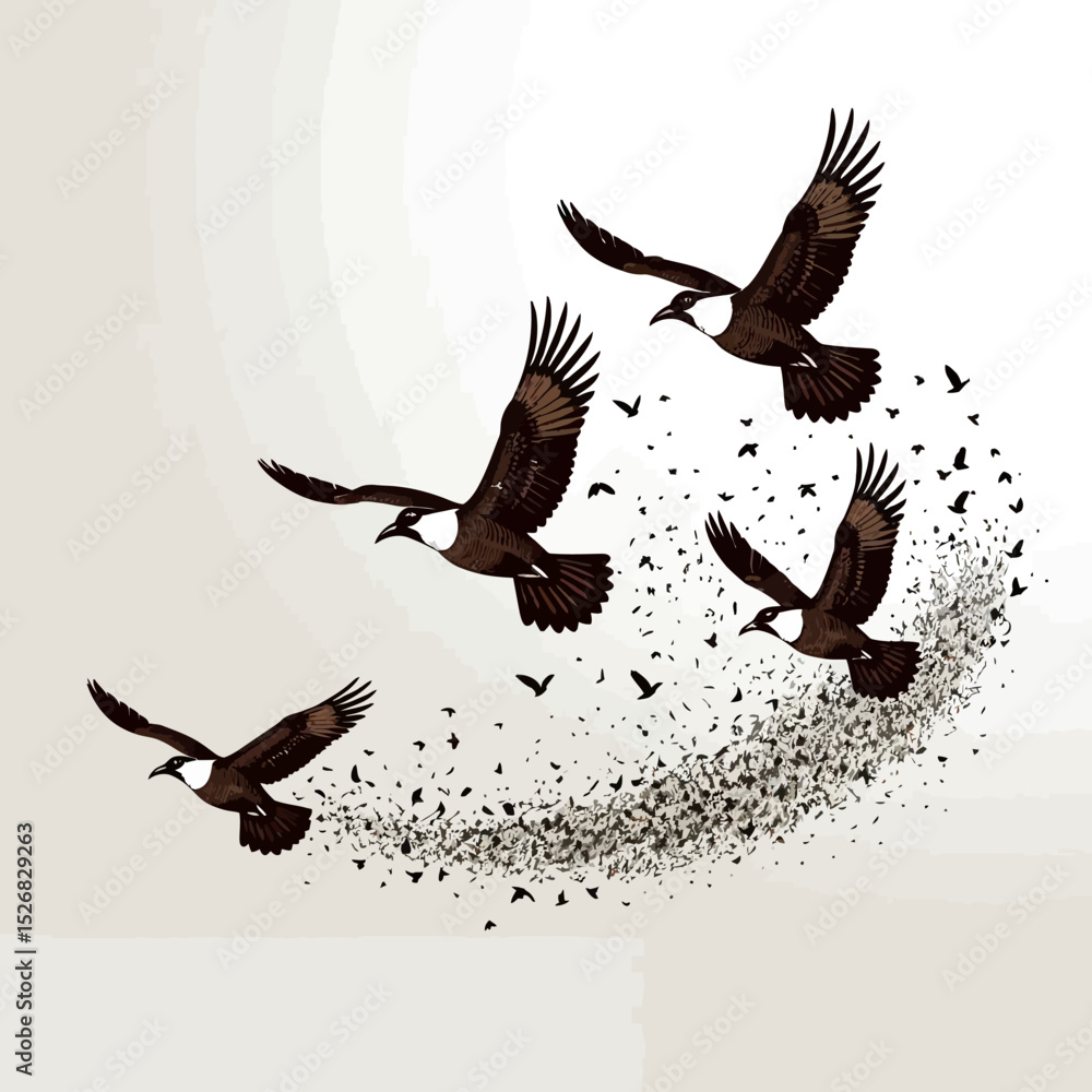 Fototapeta premium Soaring Birds Illustration- Migration and Freedom Concept- Art of Flight with Detailed Feathering- Flock of Birds in Motion- Symbolism and Nature's Beauty