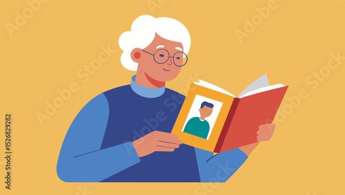 An older adult flipping through a completed memory book reflecting on their lifes journey.. Vector illustration