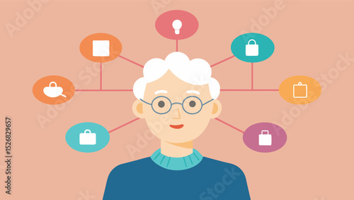 An elderly person proudly displaying their mind map filled with the names and faces of their loved ones as a way to exercise their brain and cherish memories.. Vector illustration