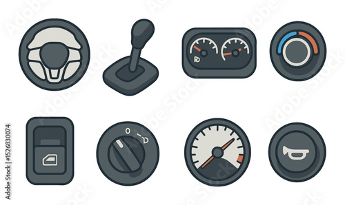 Automotive controls icons set – outline, dashboard and gauge symbols for vehicle ui