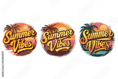 Three colorful summer vibes logos featuring palm trees and sunset imagery
