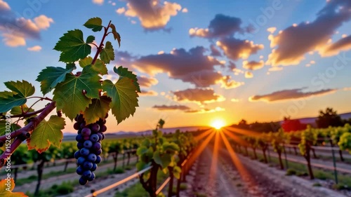 A bunch of ripe grapes hangs on a vine in a vineyard with rows of plants under a vibrant sunset sky.