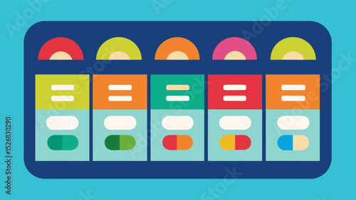 Pill Sorter A pill organizer with labeled compartments for each day of the week helping those with memory impairments to remember their daily medication schedule.. Vector illustration