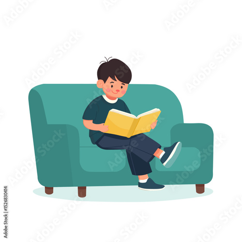 Child reading a book on a couch home illustration cozy front view