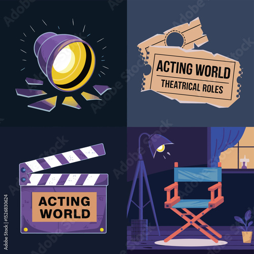 vector icons cinema, Director's Chair , theatrical Ticket roles, video tape, shattered spotlight  
