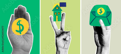 Green economy and sustainable finance conceptual posters. Contemporary art collage with halftone hands holding money, eco house and payment.