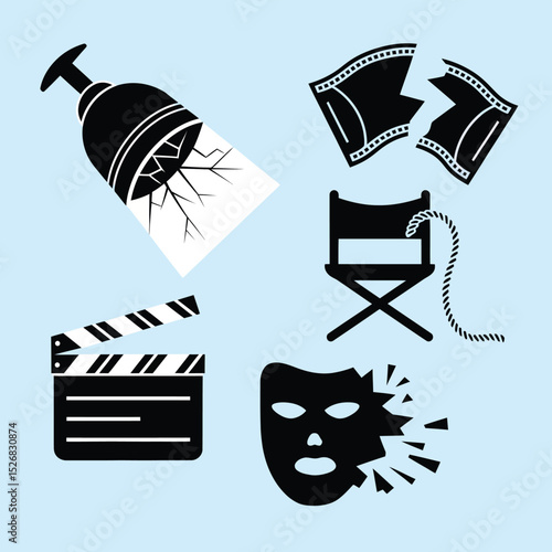 vector icons cinema, Director's Chair , theatrical Ticket roles, video tape, shattered spotlight  
