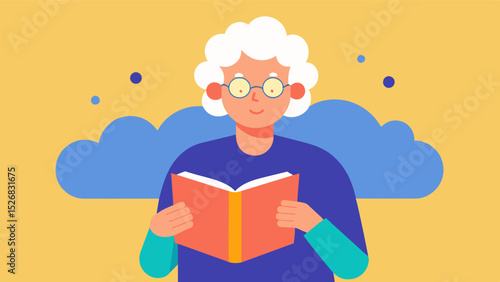 With each new book they read the elderly person adds to their mental library expanding their knowledge and keeping their brain active and engaged.. Vector illustration