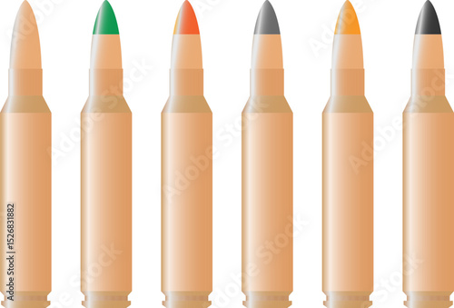 Set of 5.56 caliber cartridges with color markings, regular, green regular, tracer, with increased ballistics, tracer with increased ballistics, armor-piercing.