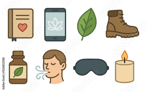 Wellness and relaxation icons set – line, holistic health and calmness symbols