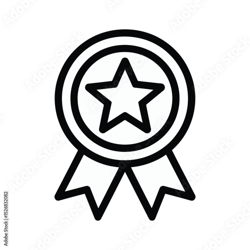 Award Ribbon Icon with Star – Black Line Badge Symbol for Achievement and Recognition
