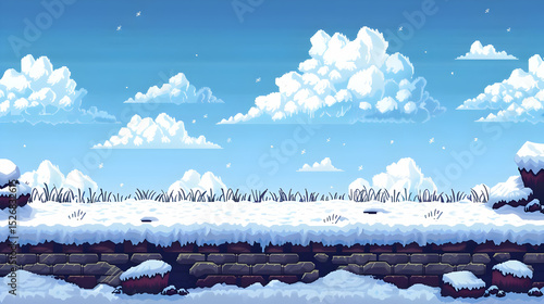 Pixel Art Winter Landscape with Snowy Stone Wall and Blue Sky