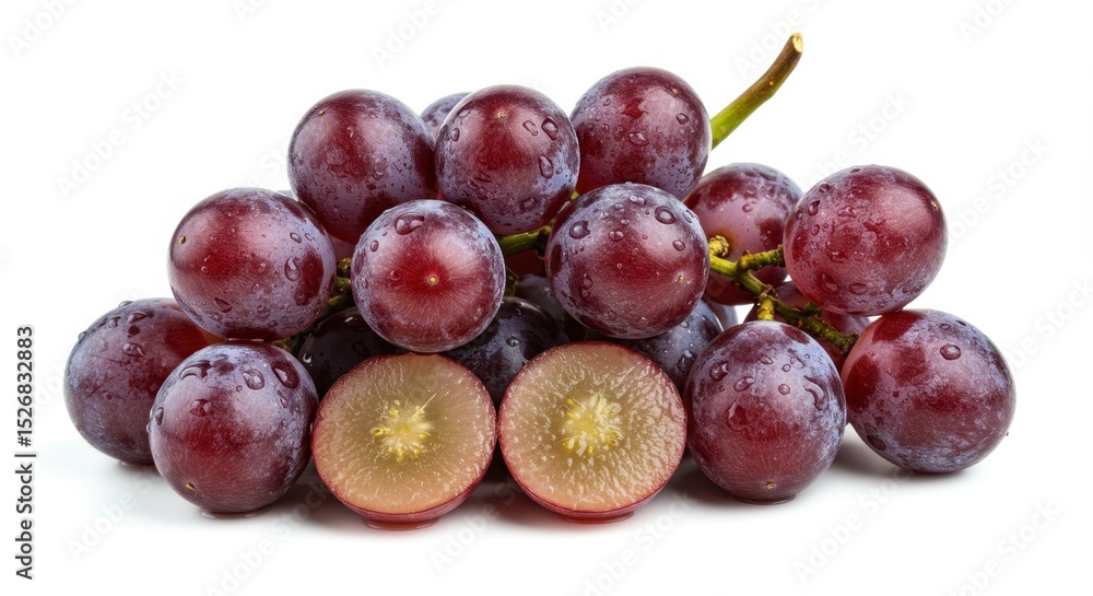 Fototapeta premium Fresh, juicy red grapes clustered together with one cut in half, showcasing their juicy interior