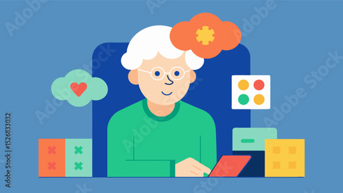 An elderly person engaging in brain training exercises such as crossword puzzles and memory games as part of their treatment plan at a memory clinic.. Vector illustration