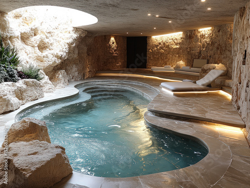 Luxurious indoor cave-style spa with natural stone walls, soft lighting, a curved pool, and relaxing lounge chairs for a tranquil retreat.
