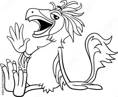 cartoon Caudipteryx dinosaur character waving hand coloring page