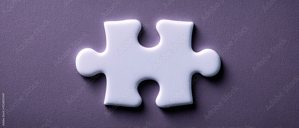 Fototapeta premium Single white puzzle piece on textured purple background, symbolizing connection and problem solving