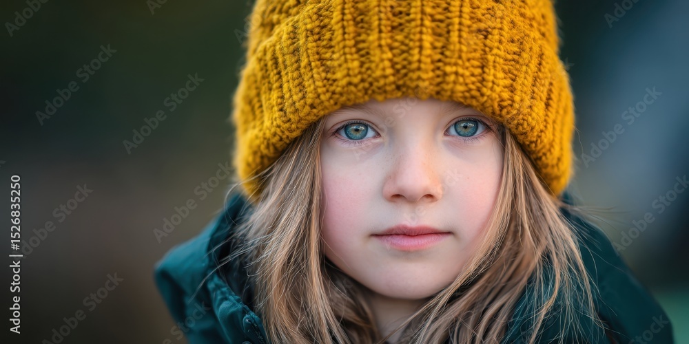 The captivating portrait of a girl wearing a cozy yellow hat. The captivating portrait of a girl wearing a cozy yellow hat.