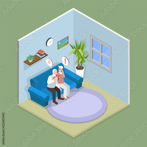 3D Isometric Flat Vector Illustration of Elderly Healthcare, Old Woman Calls Ambulance For Mature Husband Showing Signs Of Heart Attack, Feeling Scared.